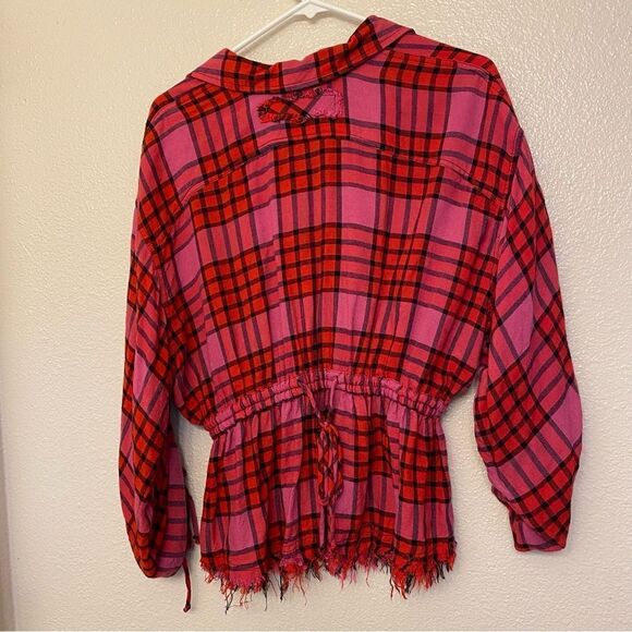 We the Free People Pacific Dawn wool blend Plaid Shirt oversized red pink -small - Picture 3 of 11